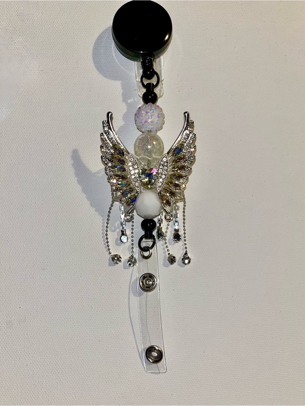 Iridescent Crystal Angel Wing Badge Reel w/White Bead Accents-Faceted, Pavé, Etc